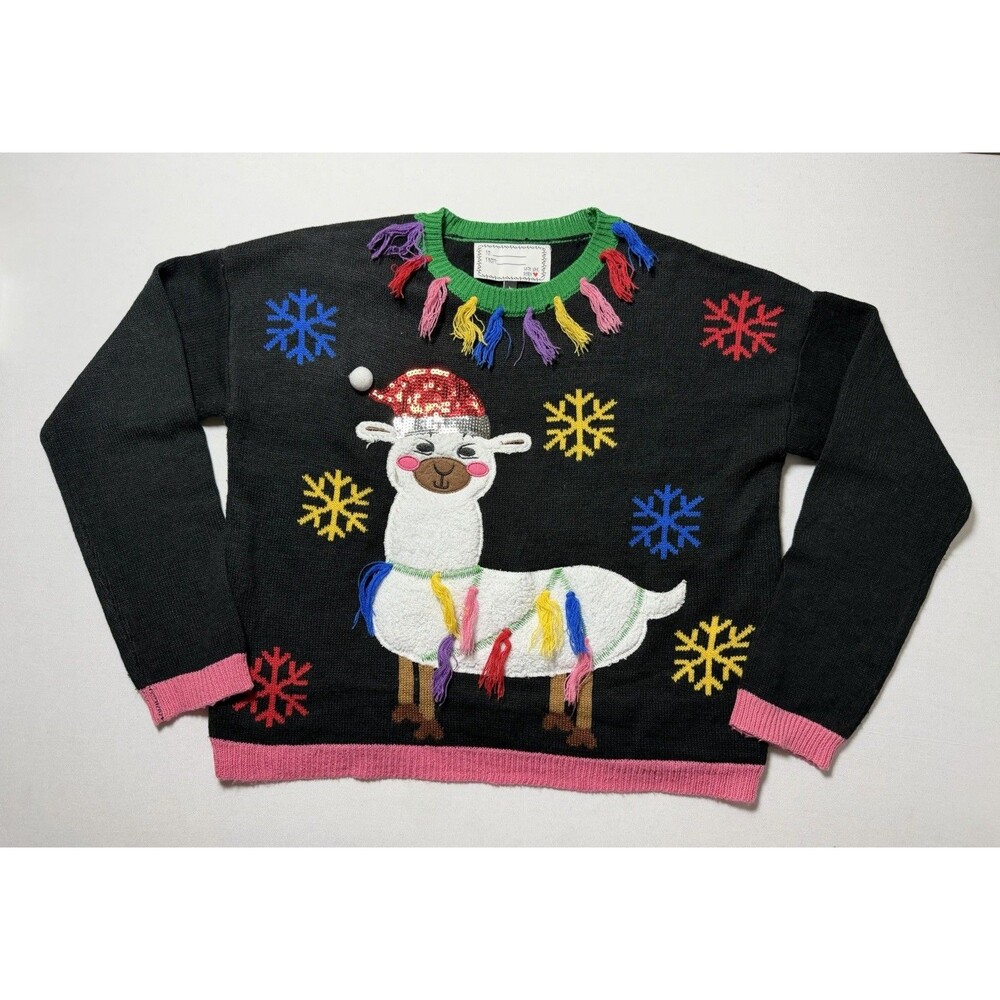 Llama Sweater Women’s Colorful Holiday Sweater Ugly Christmas Sweater Size L